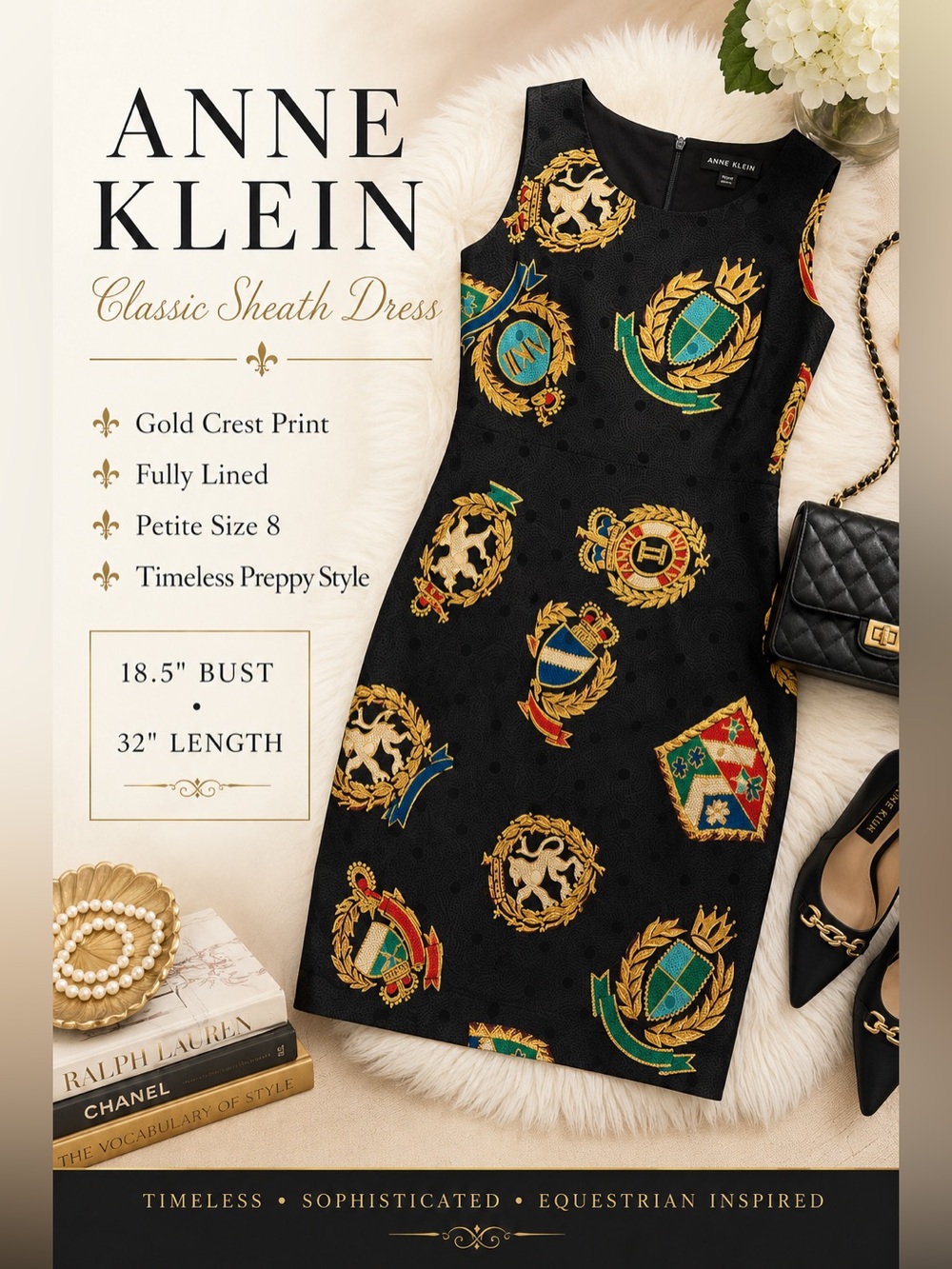 Anne Klein Black Crest Sheath Dress 100% SILK Dress 8P Gold Chain Equestrian